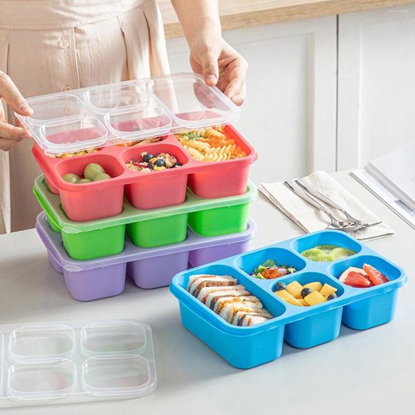 Conjuntos de utensílios de jantar 4 PCs Bento Lanches com tampas 5 Compartimento Caixa de Armazenamento Reutilizável BPA Free Packable Divided Container