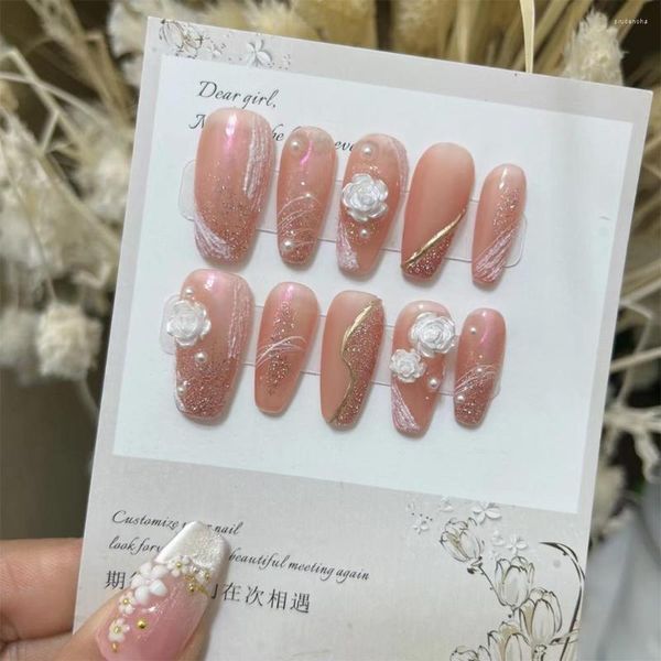 False unhas Conjunto japonês Pressione em prego de caixão médio de acrílico artesanal com flores Designs 3D Charms Wedding Artificial for Bride