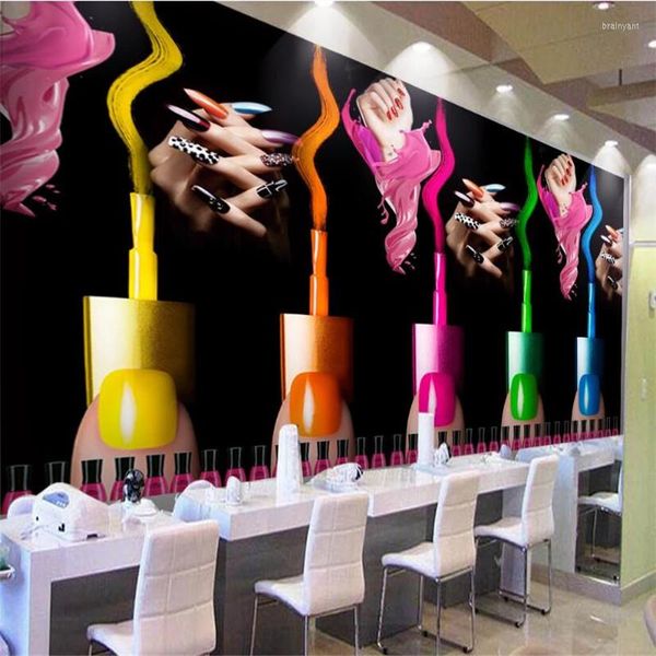 Tapeten Personalisierte 3D-Nagellack-Aquarell-Graffiti-Wandtapete Schönheitssalon-Make-up-Shop Schwarzer Hintergrund Wandpapier