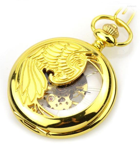 Pocket Watches Golden Transparent Mechanical Hand Wind Vintage Squeletão Analógico Relógio FOB para homens Presente