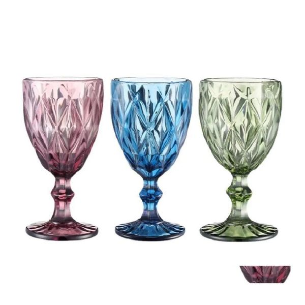 Bicchieri da vino Ups 10Oz Calice in vetro colorato con stelo 300Ml Modello vintage in rilievo Bicchieri romantici per la festa nuziale Drop Delive Dhvgr
