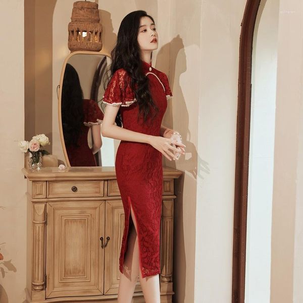 Etnik Giyim Yaz Gelinlik Modern Cheongsam Çin Geleneksel Retro Kırmızı Nakış Gelin Tost İnci Dantel Qipao Resmi Parti