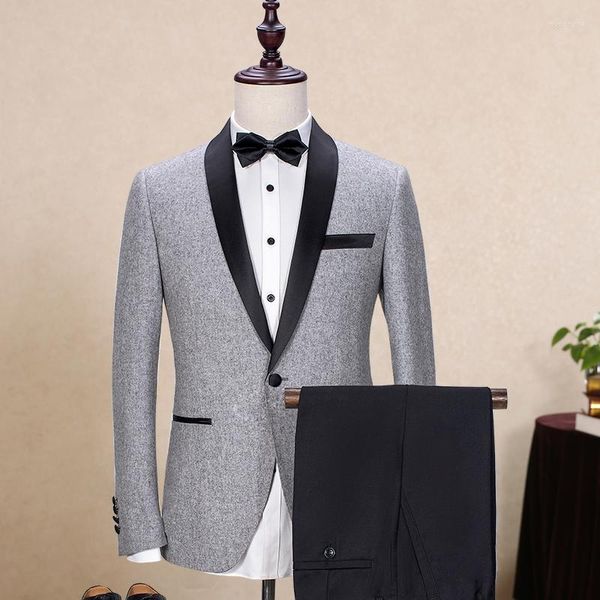 Herrenanzüge Fad Neueste Mantel-Hose-Designs Hellgrauer Tweed-Herrenanzug Slim Fit Skinny Stilvoller individueller Bräutigam-Blazer 2-teiliger Smoking Masculino