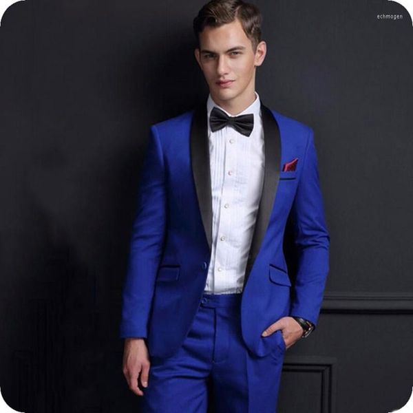 Ternos masculinos Men azul royal homens noivo de casamento masculino Tuxedos fantasia Homme Slim Black Shawl Lapela Terno Masculino 2 peça Man Blazer