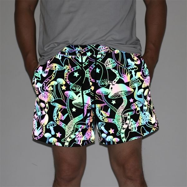 Shorts masculinos chegam homens reflexivos correntes noturnos refletem leves coloridos cogumelos inspiráveis ​​roupas de verão bermuda masculina 230130