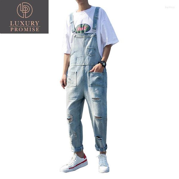 Herren-Jeans, zerrissene Männer-Latzhose, knöchellang, mehrere Taschen, Hip-Hop-Loch, Denim-Overalls, Hosen, Freizeit, zerfetzte Frachthosen