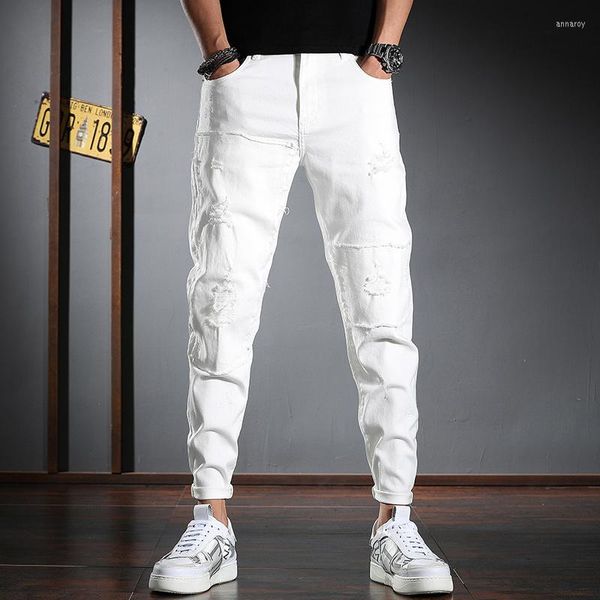 Männer Jeans Männer Weiß Sommer Zerrissene Casual Slim Fit Knöchellange Hosen Streetwear Baumwolle Denim Hosen