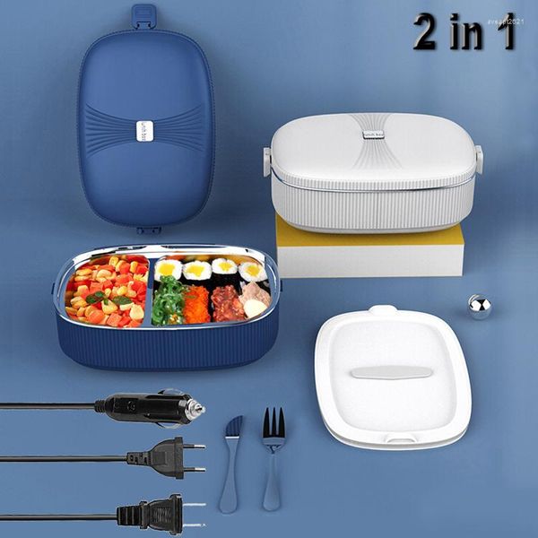 Geschirr-Sets 2 in 1 elektrische Lunchbox Edelstahl 12 V 24 V 110 V 220 V 55 W Heizung Wärmer Container Tragbare Auto Schule Mahlzeiten