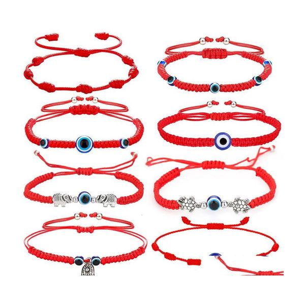 Cadeia de link 2021 corda vermelha pulseiras tran￧adas para homens homens Moda Lucky Handmade Fatima Hand Pingente de tartaruga de elefante azul do Evil Blue Dhsl2