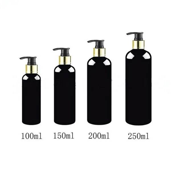 Toptan 100/150/200/250ml siyah altın yakalı vidalı şampuan losyon pompası plastik şişe, sabun dağıtıcı kozmetik ambalaj şişeleri 30pcs/lot iyi ürün