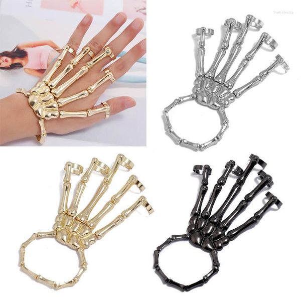 Armreif N80E Halloween Schädel Hand Armband mit Ring Handgemachte Armband Finger Metall Schmuck Für Damen Männer Geschenke Trum22