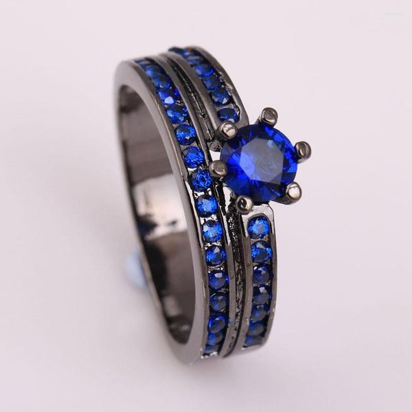 Anéis de casamento preto azul royal zirconia zircão pavimentado em mulheres anel de jóias de cor dourado de ródio