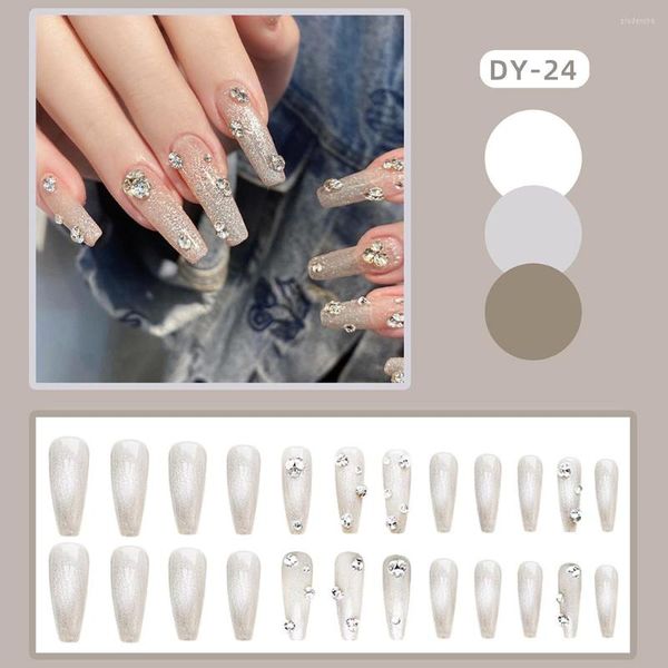 False unhas 24pcs longos strass prateados adesivos de unha -de -unha reutilizáveis ​​para mulheres meninas fáceis de usar na prensa no salão de unhas sp99