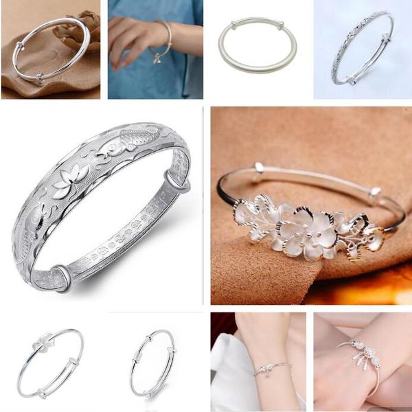 Bracciale rigido placcato in argento 925 Bracciale con regolazione push-pull Fiore di fascino con selezione di 10 stili Fiore di loto baccello del cuore d'amore del pesce di loto