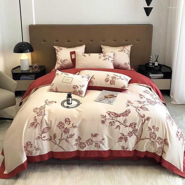 Set di biancheria da letto Uccelli sopra i rami degli alberi Copripiumino ricamato chic 4 pezzi di lusso in cotone egiziano 1000TC Set morbido 1 lenzuolo 2 federe