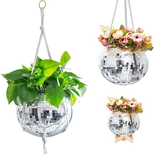 Fioriere in plastica con sfera da discoteca, cesti appesi per interni ed esterni, decorazione per piante