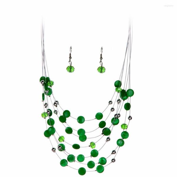 Collana Orecchini Set Romantico Perline Africane Donne Girocollo A Catena Multistrato Rotondo Verde Collane