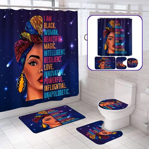 Tende da doccia Tenda con stampa donna africana 4 pezzi Copri tappeto Tappetino da bagno Set bagno impermeabile con 12 ganci