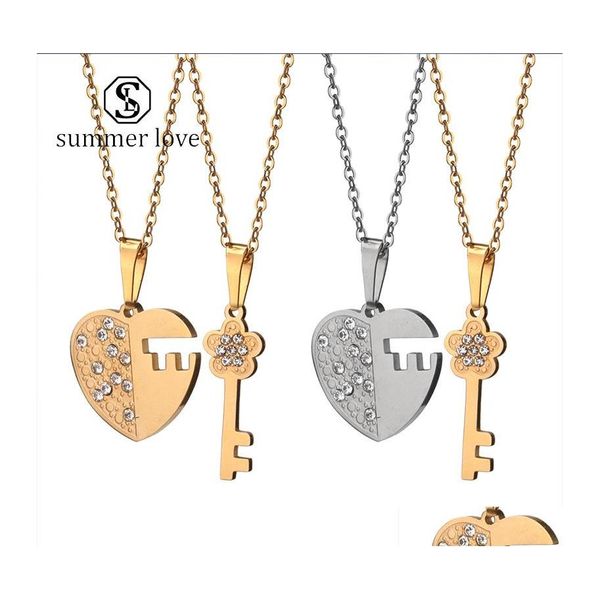 Anhänger Halsketten Freund Herz Key Pendent Halskette Gold Sier Cubic Zirkonia für Paar Mode Hip Hop Rock Valentinstag Schmuck DHP27