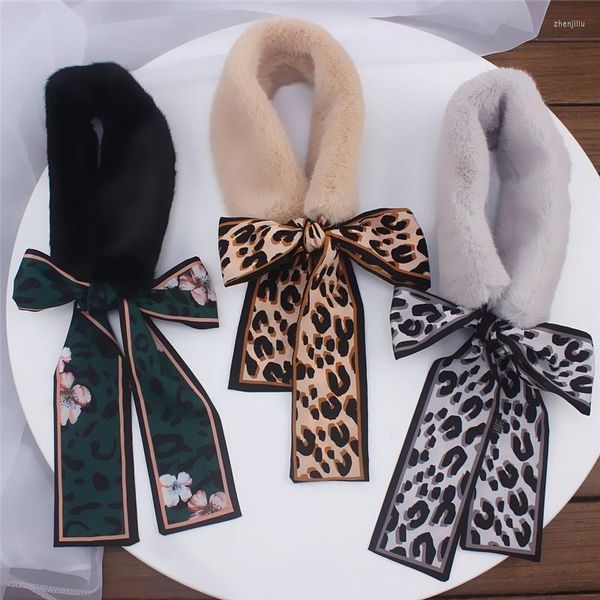 Accan Şık Kürk Scarf 2023 Leopar Baskı Kız Kadın Kış Sıska İpek Kadın Neckerchief Sarar