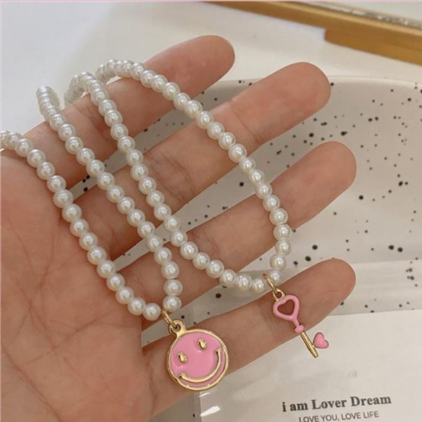 Collane con ciondolo Vintage Sweet Pink Peach Heart Key Shape Geometric For Women Gift Harajuku Pearl Chains Fashion Neck Jewelry