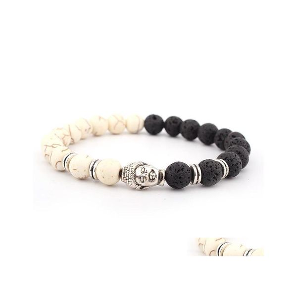 Perlenstränge Hübsche Lavasteinarmbänder 8 mm Importierte weiße Türkis-Chic-Armbänder Schwarze vulkanische Perlen Buddha-Kopf-Armband Dro Dhnpd