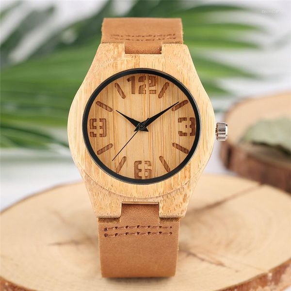 Orologi da polso Orologio da donna in legno di bambù leggero con incisione stampa numeri quadrante analogico semplice casual cinturino in vera pelle orologi in legno