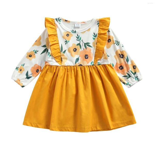 Vestidos de menina crianças vestido de verão costura floral o-pescoço com mangas compridas saia casual para meninas de 18 meses a 5 anos