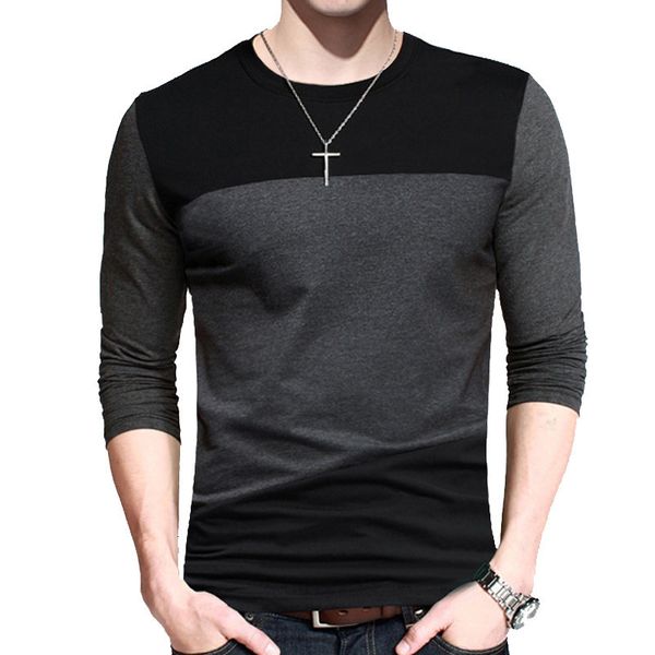 T-shirt da uomo BROWON T-shirt da uomo coreano autunno stile vintage patchwork nero grigio o-collo maglietta lunga abbigliamento uomo taglie forti M-5XL 230130