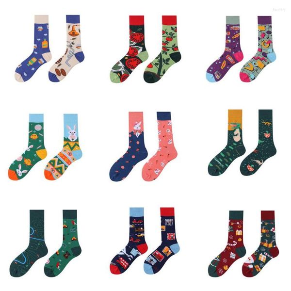 Herrensocken Asymmetrie Baumwolle Herren Bunter Druck Langer Mann Harajuku AB Seite Glücklich Unisex Calcetines Hombre