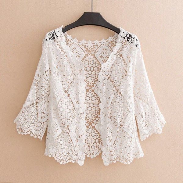 Blouses feminina Cardigan Cotton Thread Small Coat Tin Hollow Crochet de malha externa Camisa de ar-condicionado de xale curto com saia suspensa