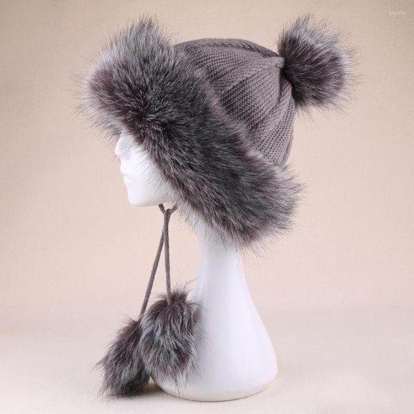 Berats Frauen Winterhüte Kunstfell Pompom Fleece Beanies Hut Wolle Strick warmer russischer Kosaken Schneekappen Outdoor Bomber Mütze