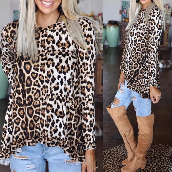 Camiseta feminina 2xl Mulheres de manga longa o pescoço de leopardo de leopardo tampo tampo tshirt de alta bainha com alta beira de tamanho feminino 230131
