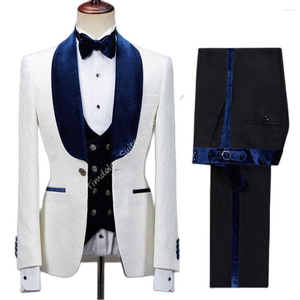 Erkekler 3pcs Düğün Blazer Pantolon Kostüm Bride damat İnce Uygun Erkekler Beyaz Desen Ceket Siyah Pantolon Mavi Şal Kapan Velvet Yelek