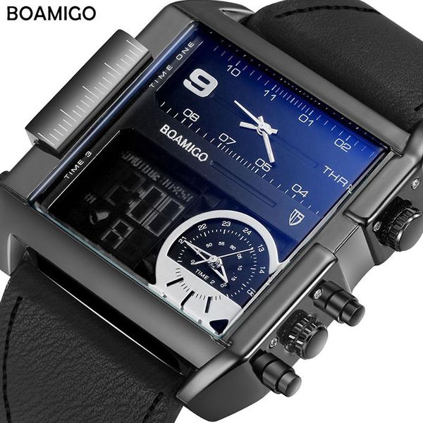 Armbanduhren BOAMIGO Big Man Quarz-Armbanduhr Sport Wasserdicht 3 Zeitzonen Alarm Chronograph LED-Hintergrundbeleuchtung Leder Quadratische Uhr Männer Digita