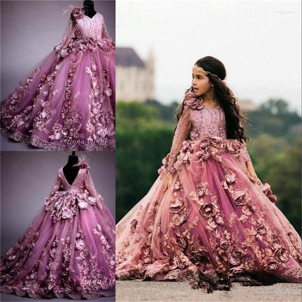 Vestidos de menina Vestido de concurso lindo de flor de luxo para casamento de penas de casamento Aplique de manga comprida Apliques de tule de tule vestido