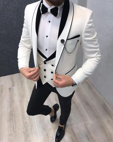 Ternos masculinos Tuxedo Branco Men Blue para terno de casamento Man Blazer Shawl Black Lapela Slim Fit Groom Tuxedos mais recentes projetos de calça de casaco