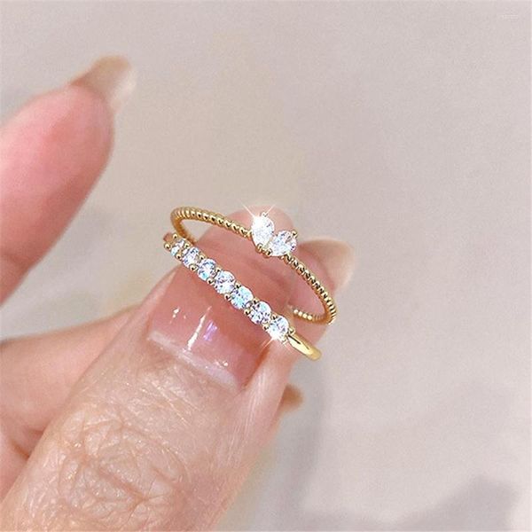 Anéis de casamento 18K Gold Bated Zircon Heart Abertura Anel de 2 peças Conjunto de presente de jóias de moda de design personalizado coreano