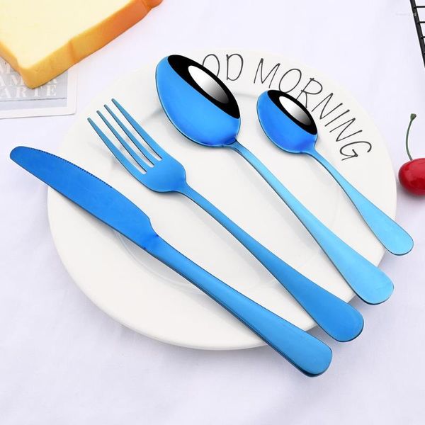 Dinnerware Sets Western Mirror Blue 4pcs Conjunto de utensílios de mesa de aço inoxidável talheres de talheres portáteis Falhas de chá de faca portátil