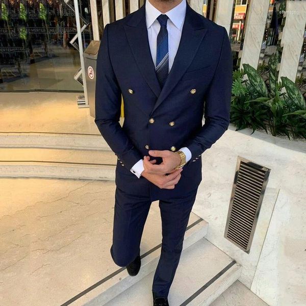 Ternos masculinos brancos/azul marinho de casamento no casamento slim fit smokingos de peito duplo figurino de negócios formal de baile de formatura (calças de jaqueta)