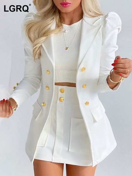 Vestido de duas peças LGRQ moda verão roupas femininas mangas compridas blazer estampado jaqueta de seio único e minissaia conjunto WW005H 230130