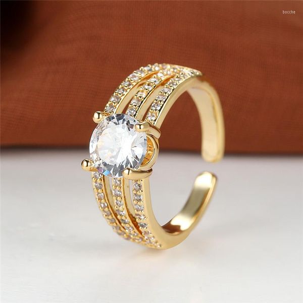 Anéis de casamento Luxo feminino de pedra branca anel ajustável Ring clássico Cristal de engajamento de cores de ouro amarelo para mulheres