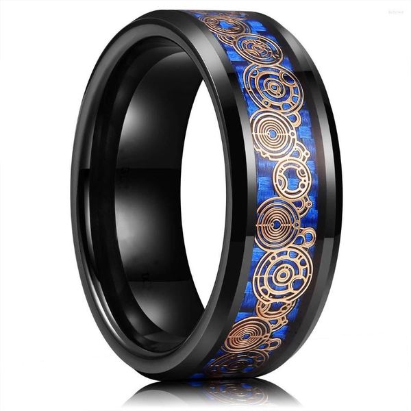 Anéis de casamento Moda masculina 8mm Padrão exclusivo embutido Black Tungstênio Fibra de fibra de carbono Punk Roda de aço inoxidável para homens