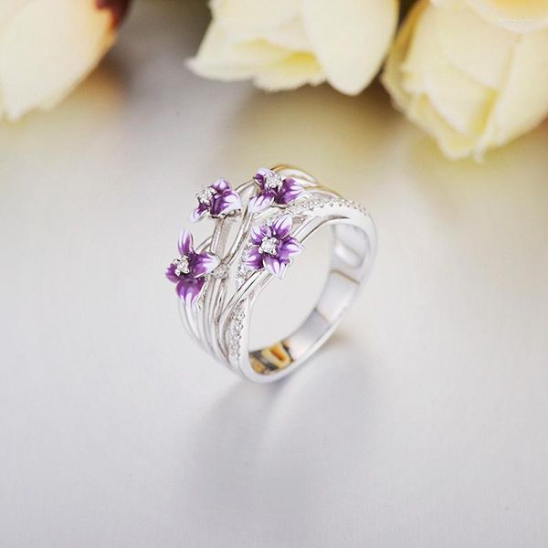 Hochzeit Ringe Trendy Weiß Kristall Verlobungsring Luxus Weibliche Boho Emaille Lila Blume Charme Silber Farbe Groß Für Frauen