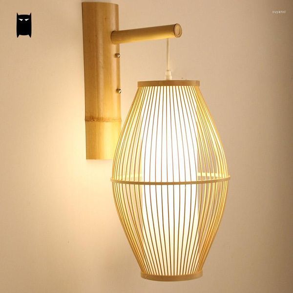 Lampade da parete Bamboo Wicker Rattan Lantern Shade Lamp Fixture Rustic Country Asian Japanese Sconce Light Home Camera da letto Soggiorno Corridoio