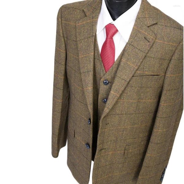 Abiti da uomo Tweed di lana da uomo Scozzese marrone Slim Fit Formale Smoking vintage con risvolto Groomsmen Giacca da matrimonio Gilet Pantaloni