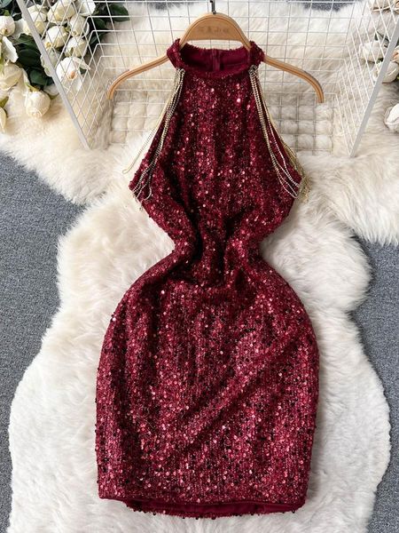 Повседневные платья yuoomuoo роскошные бусинки рождественские красные платья для вечеринки шикарные модные цепочки дизайн рукавицы Bodycon mini gorean vestido