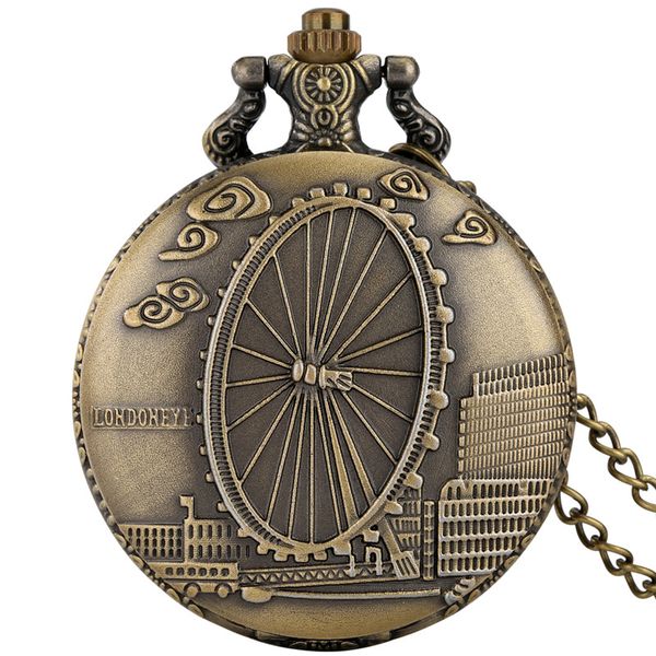 Retro Classic Bronze Uhren Vintage London Riesenrad Design Taschenuhr Herren Damen Quarzuhr Halskette Kette Souvenir Geschenk