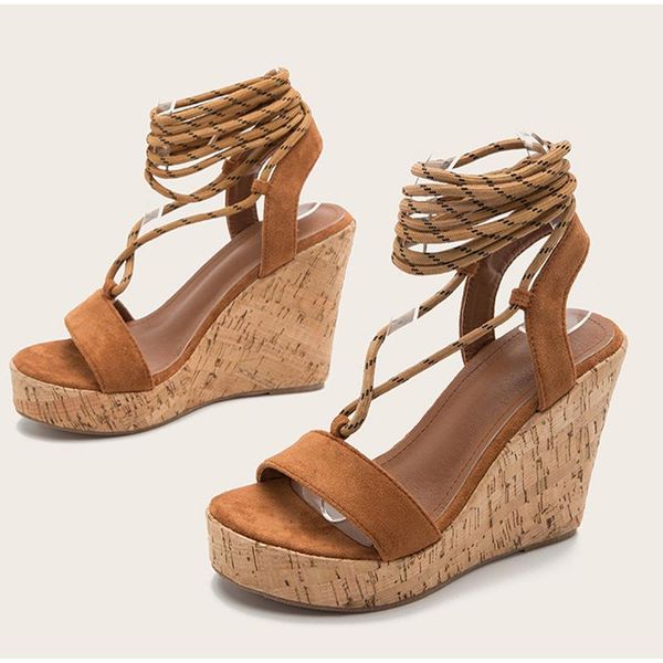 Sandalen Keile High Heels Verband Frauen Wildleder Leder Damen Pumps Sommer Kreuz Krawatte Solide Schnüren Weibliche Schuhe Große Größe 43