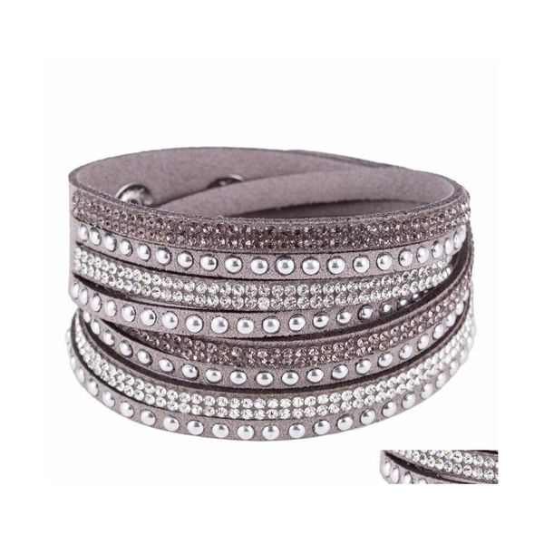 Andere Armbänder Koreanisches 6-reihiges Kristalllederarmband Schimmernde Aufkleber Wrap Strass umwickelt für Party Hochzeit Schmuck Geschenk Drop Dhgml